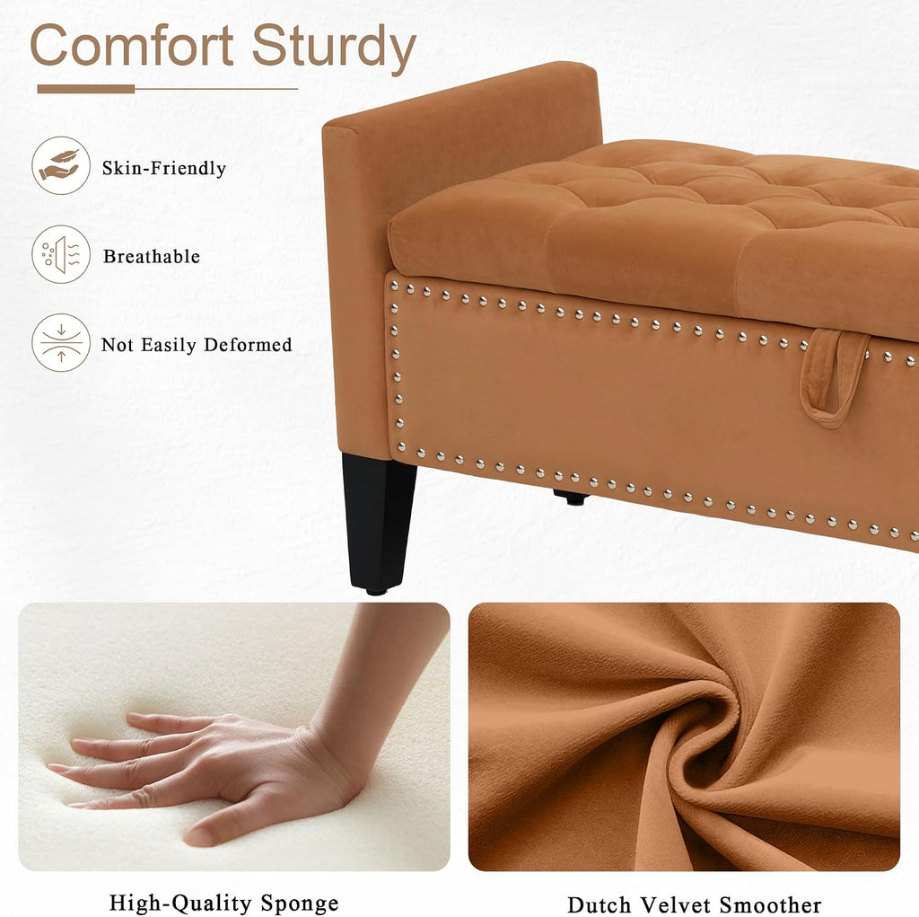 Velvet Ottoman with Storage, 46'' Upholstered Button Tufted End of Bed Bench with Arms, Modern Storage Bench , Orange