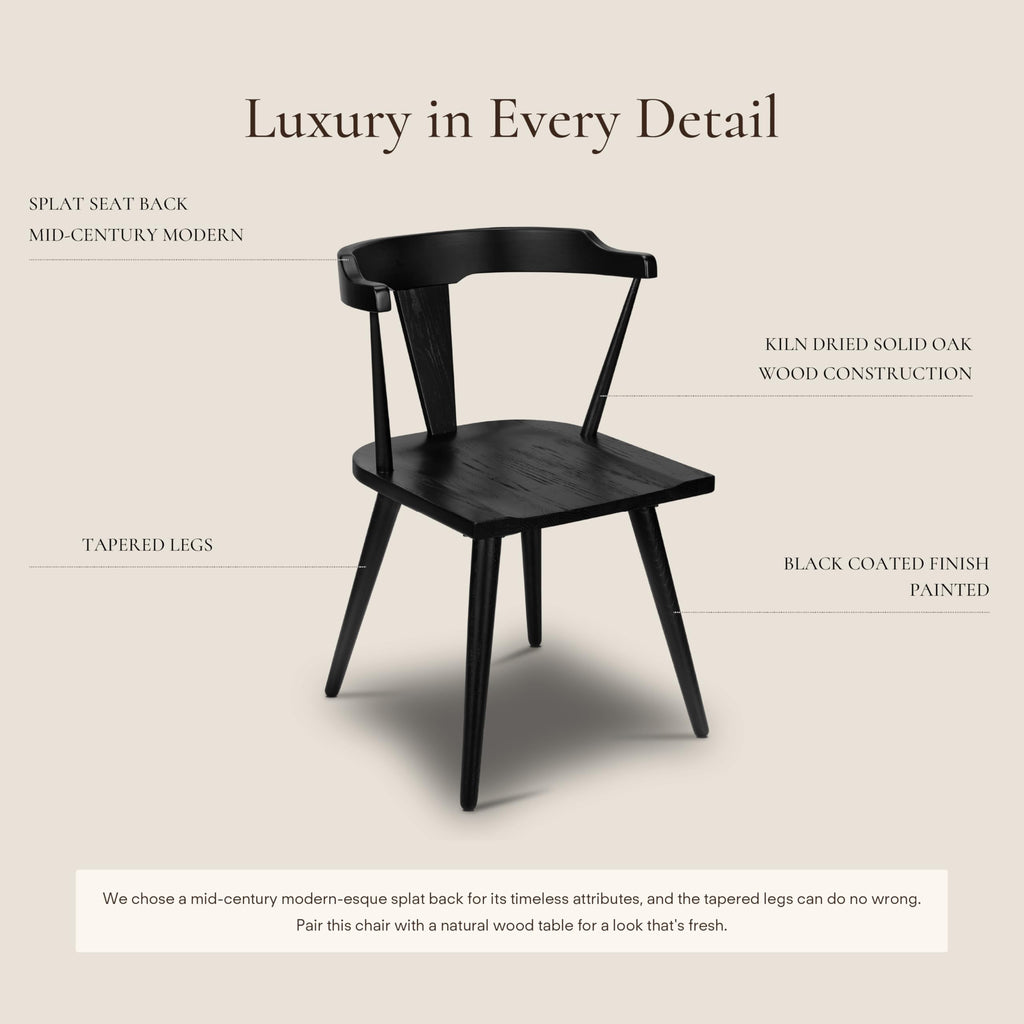 Mid Century Modern Enzo Black Dining Chair - Solid Oak Wood Splat Back Chair, 18" Seat Height, 32" Tall - Stylish MCM