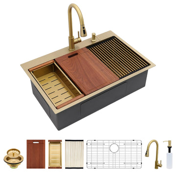 33 Gold Kitchen Sink with Faucet- 33x22 Inch Drop Sink Single Bowl Topmount Gold Ledge Workstation Sinks 16 Gauge