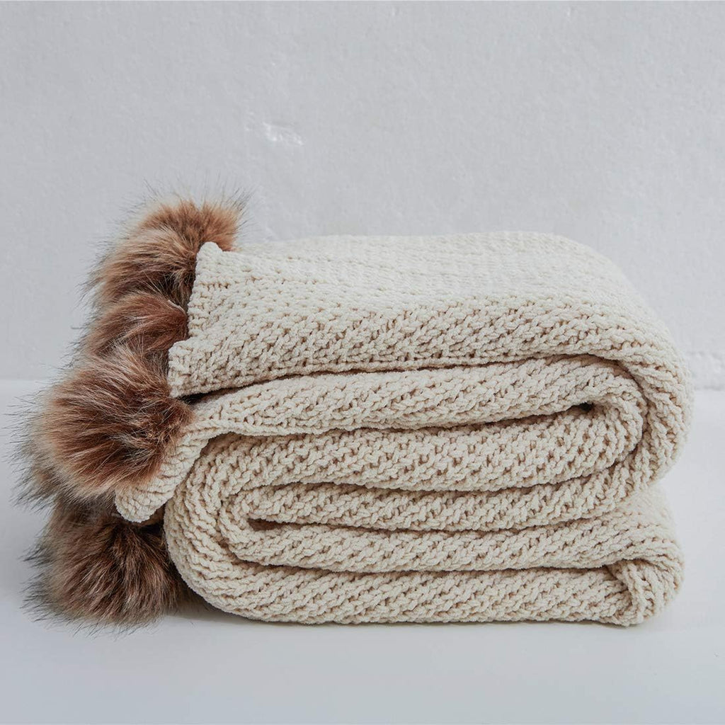 Fur Pom Pom Knit Throw Blanket Super Soft Warm Cozy Cable Knitted Blanket