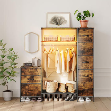 Clothes Rack with 8 Drawers, 4 Shelves & LED, 55" W×57" H Dresser with Hanging Rack, Portable Garment Rack