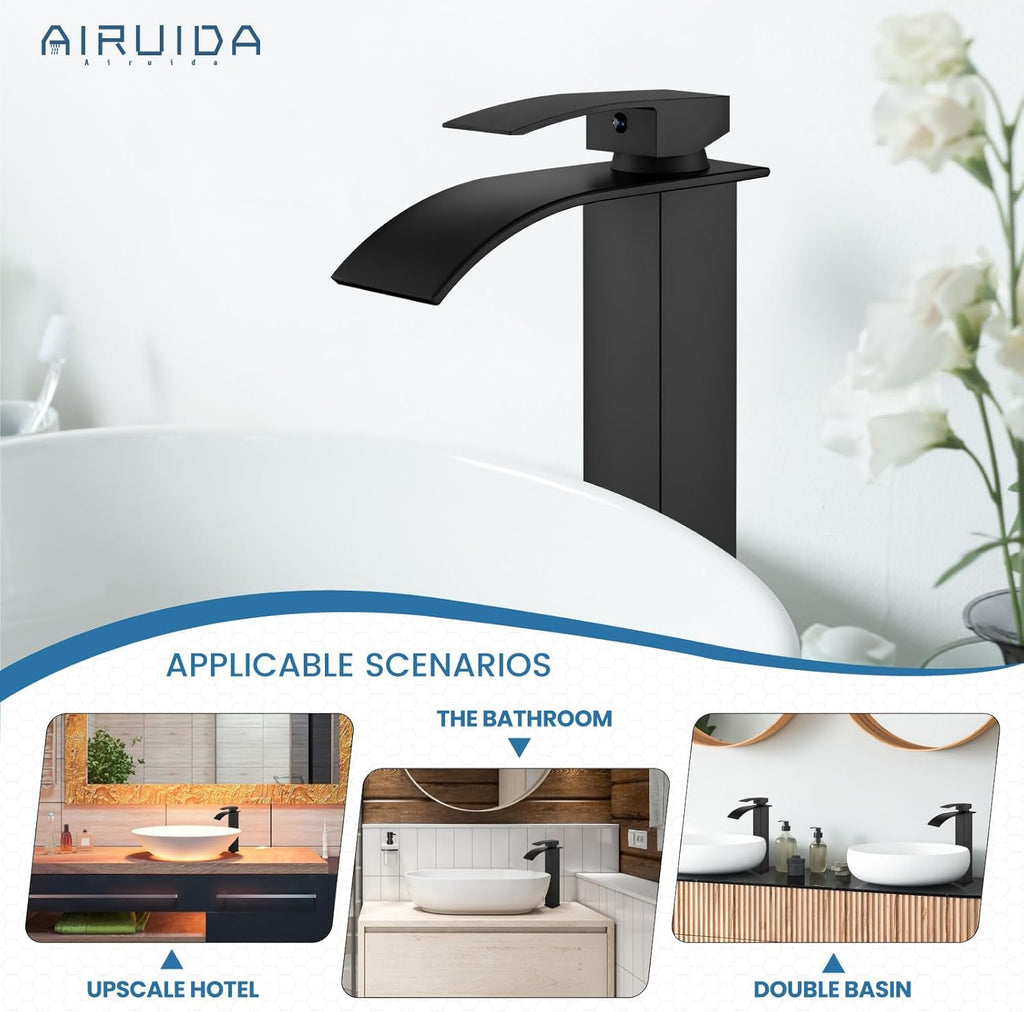 Vessel Sink Faucet, Tall Waterfall Bathroom Faucet, Single Handle One Hole Mixer Bowl Tap with Large Rectangular Spout