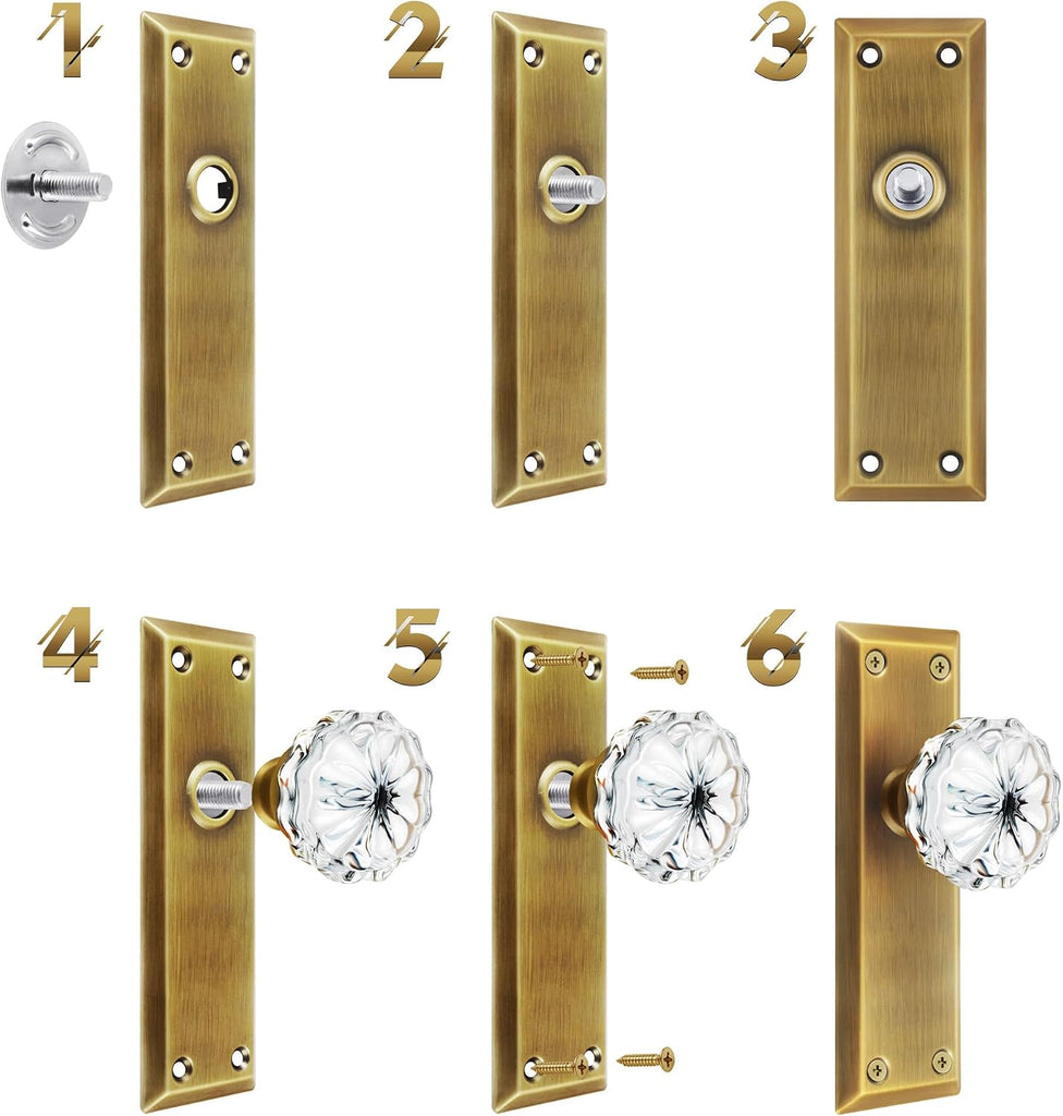 Single Sided Vintage Glass Dummy Door Knobs Interior, Antique Brass