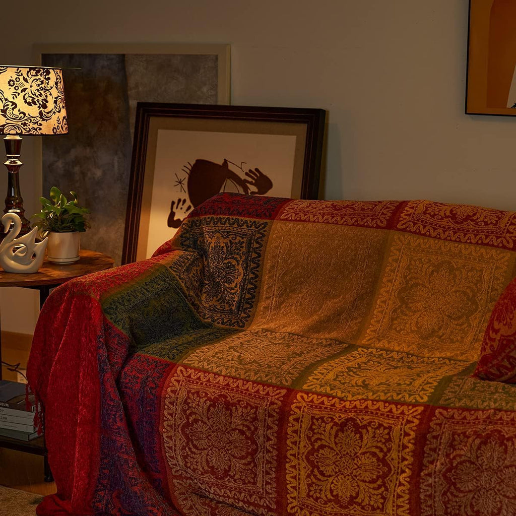 Bohemian Throw Blankets Chenille Jacquard Tassels Soft Chair Cover, 60x75 Inches)