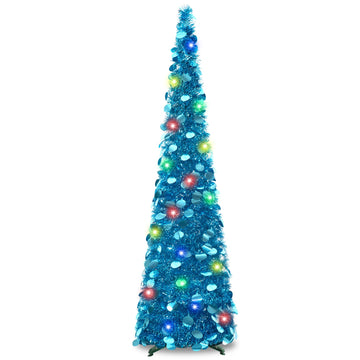 5Ft Pop Up with Lights, Collapsible Pencil Tree Blue, Skinny Slim Xmas Tree, Artificial Tinsel Tree Foldable