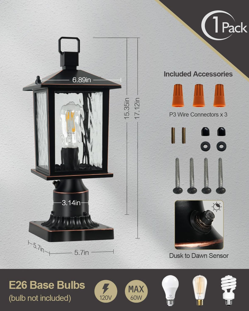 Dusk to Dawn Outdoor Post Light, Hardwired Oil-Rubbed Bronze Pole Lantern with Pier Mount Base, Water Ripple Glass