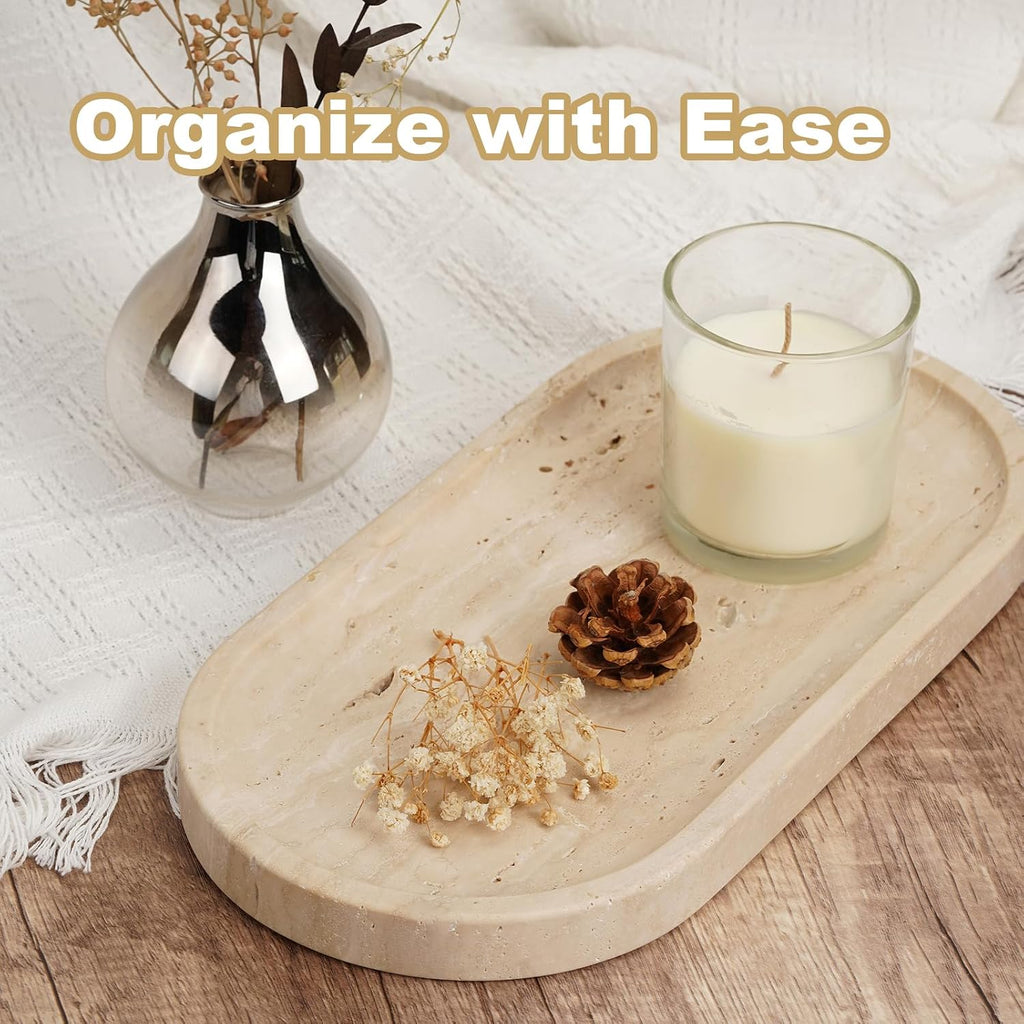 Italian Travertine Tray, 12"x6" Vanity Decorative Marble Tray for Countertop, Catchall Tray for Perfume, Candles