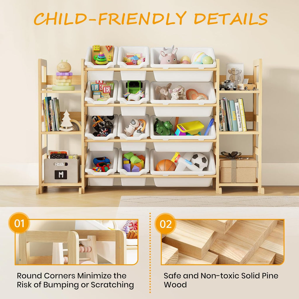 Extra Large Toy Storage - Toy Storage Organizer, Wooden Toy Organizer with 6 Side Shelves and 12 Bins, 3-in-1