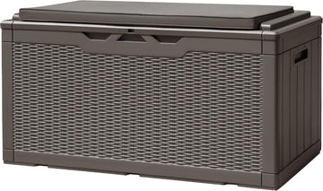 100 Gallon Deck Box Waterproof Outdoor Storage Box with Cushion | Resin Large Outdoor Storage Bench Cabinet Lockable