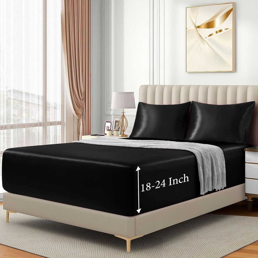 3pcs Extra Deep Pocket Satin Fitted Sheet Set Bed Set, Black Bottom Sheet Fit 18-24 Inch Deep Pocket Mattress