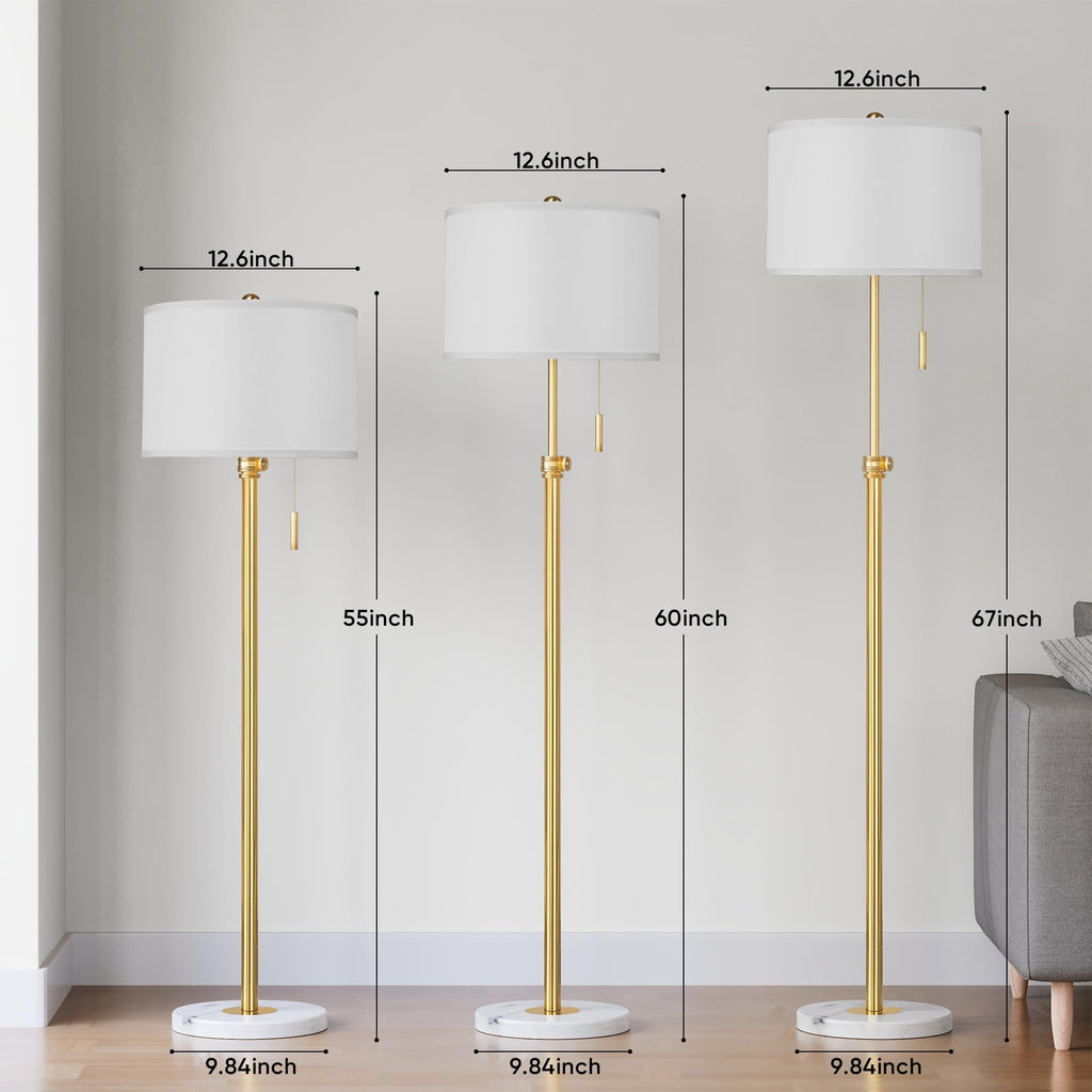 Floor Lamp, 66'' Adjustable Height Standing Lamp with Marble Base, 3-Color Tall Lamps with Pull Chain, Suitable