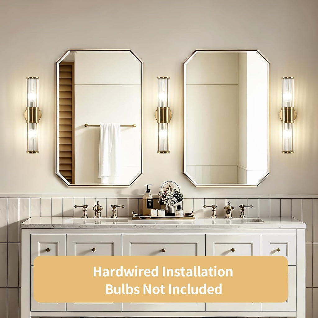Brushed Brass Vanity Light Fixture, Dual Glass Rod Wall Sconce — Single Sconce, 2-Light E12 Candelabra Base
