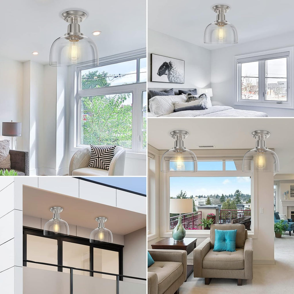Semi Flush Mount Ceiling Light, Modern Light Fixture with Clear Glass Shade, Brushed Nickel Finish Corridor Kitchen