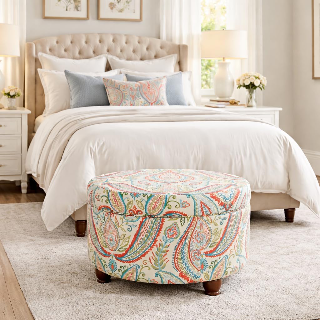 Home Decor | Upholstered Round Storage Ottoman | Ottoman with Storage , Bold Paisley Large