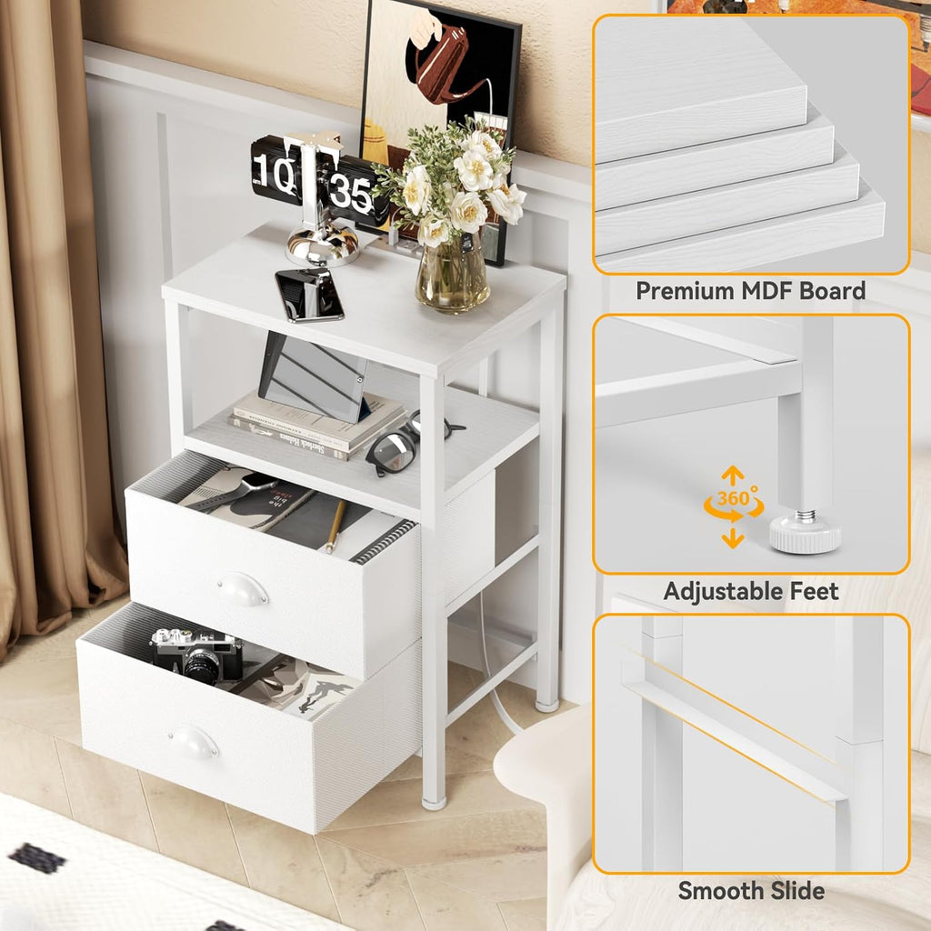Nightstands Set of 2, End Tables Set of 2 with Charging Station and LED Lights, White Night Stands with 2 Fabric