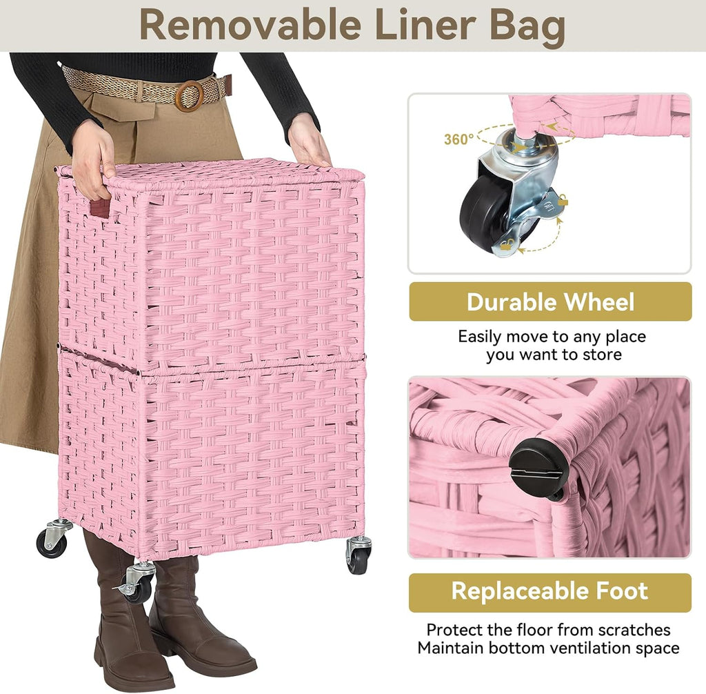 Wicker Laundry Basket with Wheels,Rolling Laundry Hamper with Lid | 90L Slim Clothes Hamper with Wheels & Removable