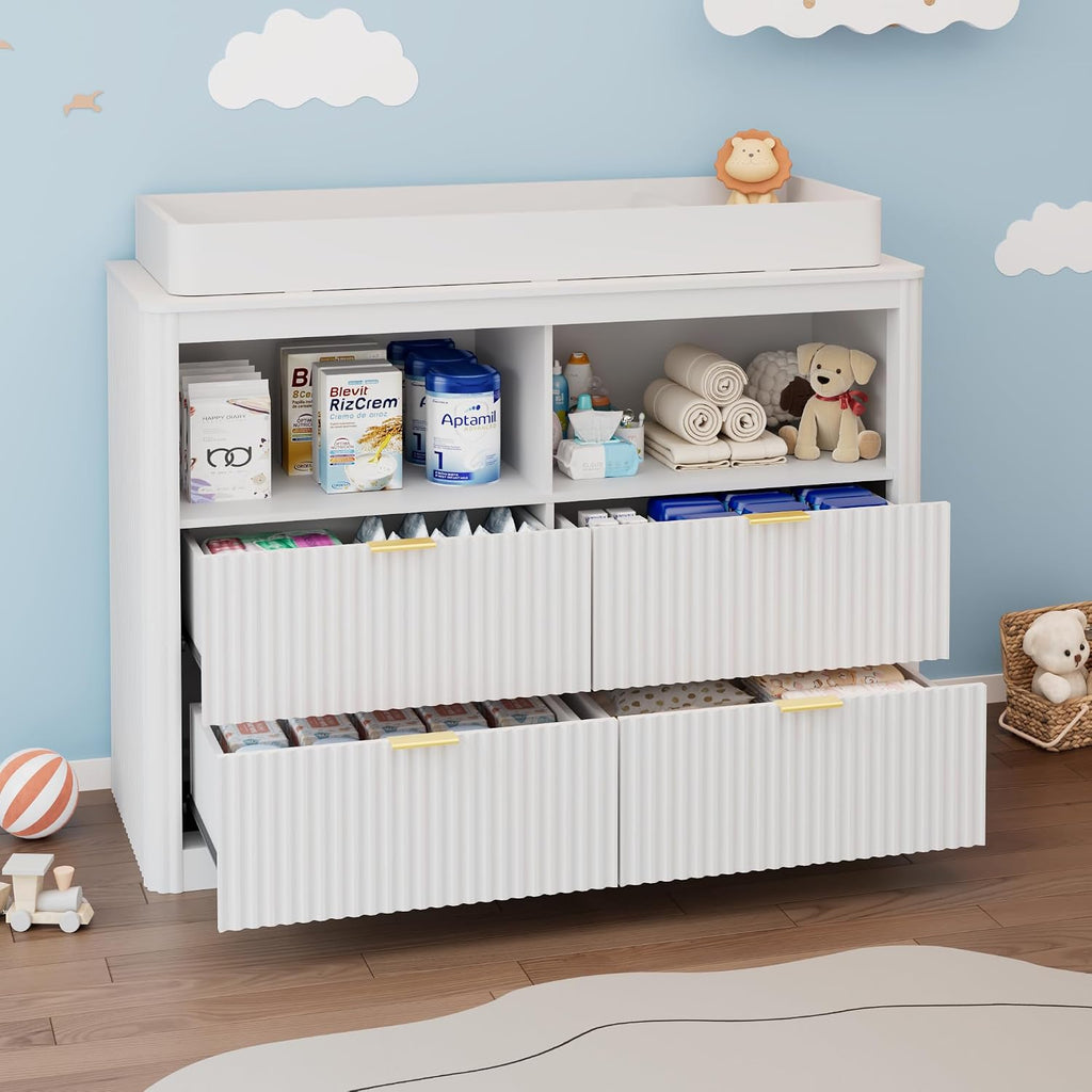 Nursery Dresser, 4 Large Drawers Wood Baby Changing Dresser with Raised and Detachable Changing Table Top, Fluted