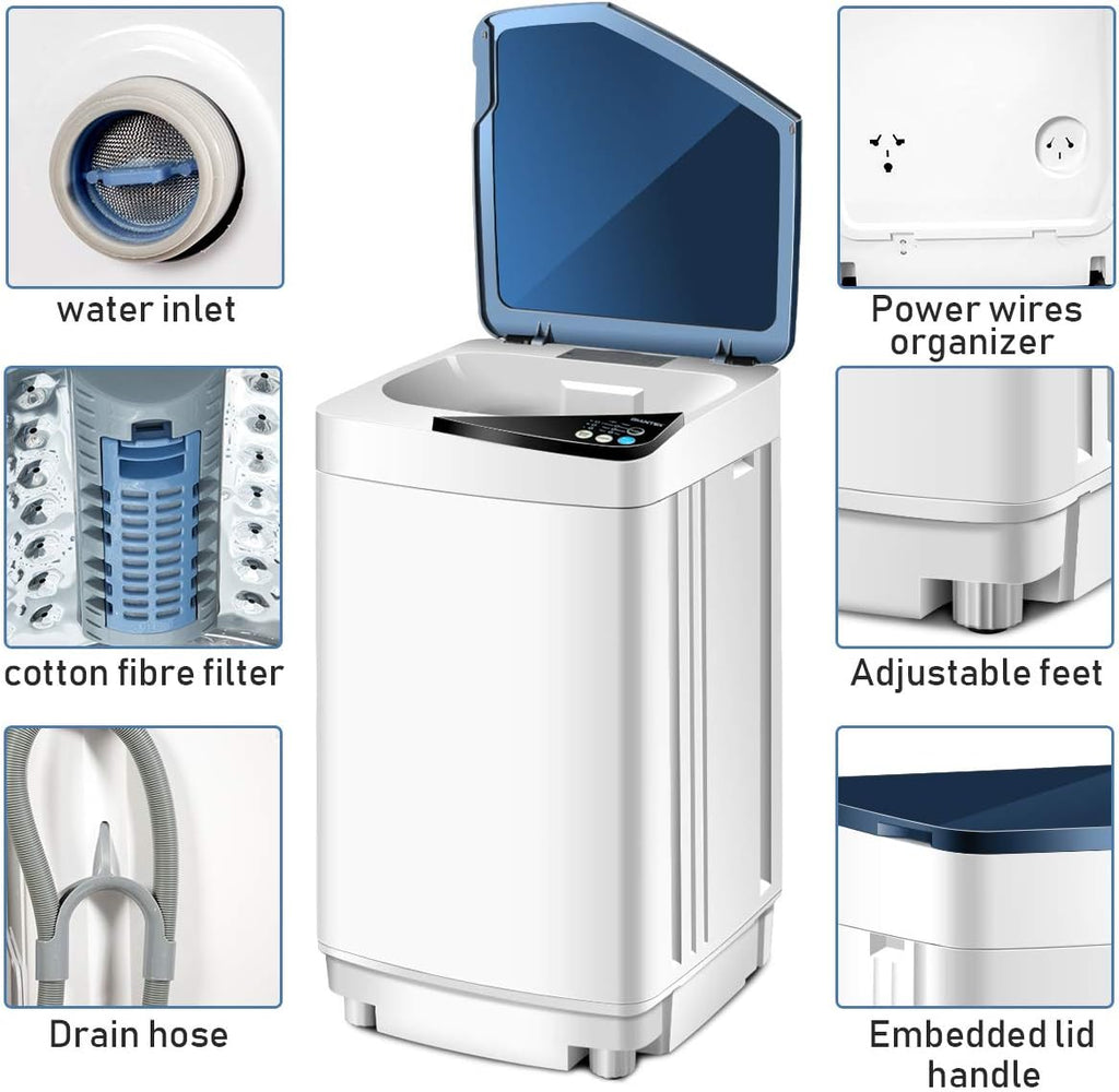 Full-Automatic Washing Machine Portable Washer and Spin Dryer 7.7 lbs Capacity Compact Laundry Washer with Built-in Barrel Light Drain Pump and Long Hose for Apartments Camping (White & Blue)