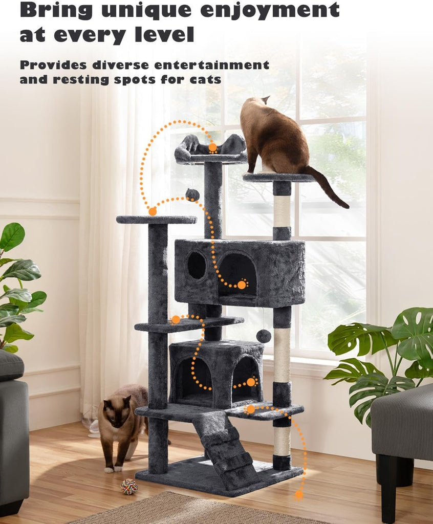 54in Cat Tree, Multi-Level Cat Tower with Spacious Kitten-ear Perch, 2 Cozy Caves, Scratching Posts, Climbing Ladder
