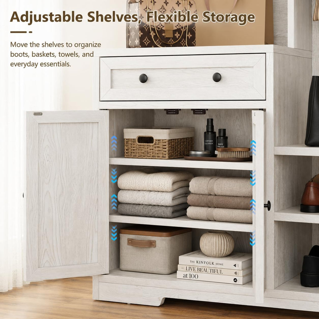 5-in-1 Hall Tree with Bench and Shoe Storage, 51" W Entryway Organizer Coat Rack with 9 Hooks, 2 Storage Cabinets