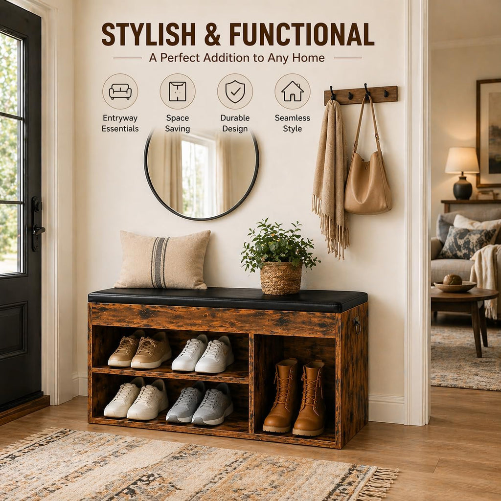 Shoe Storage Bench with Cushion, 32.3'' Entryway Bench with Lift Top Hidden Storage and Adjustable Shelves, Wooden