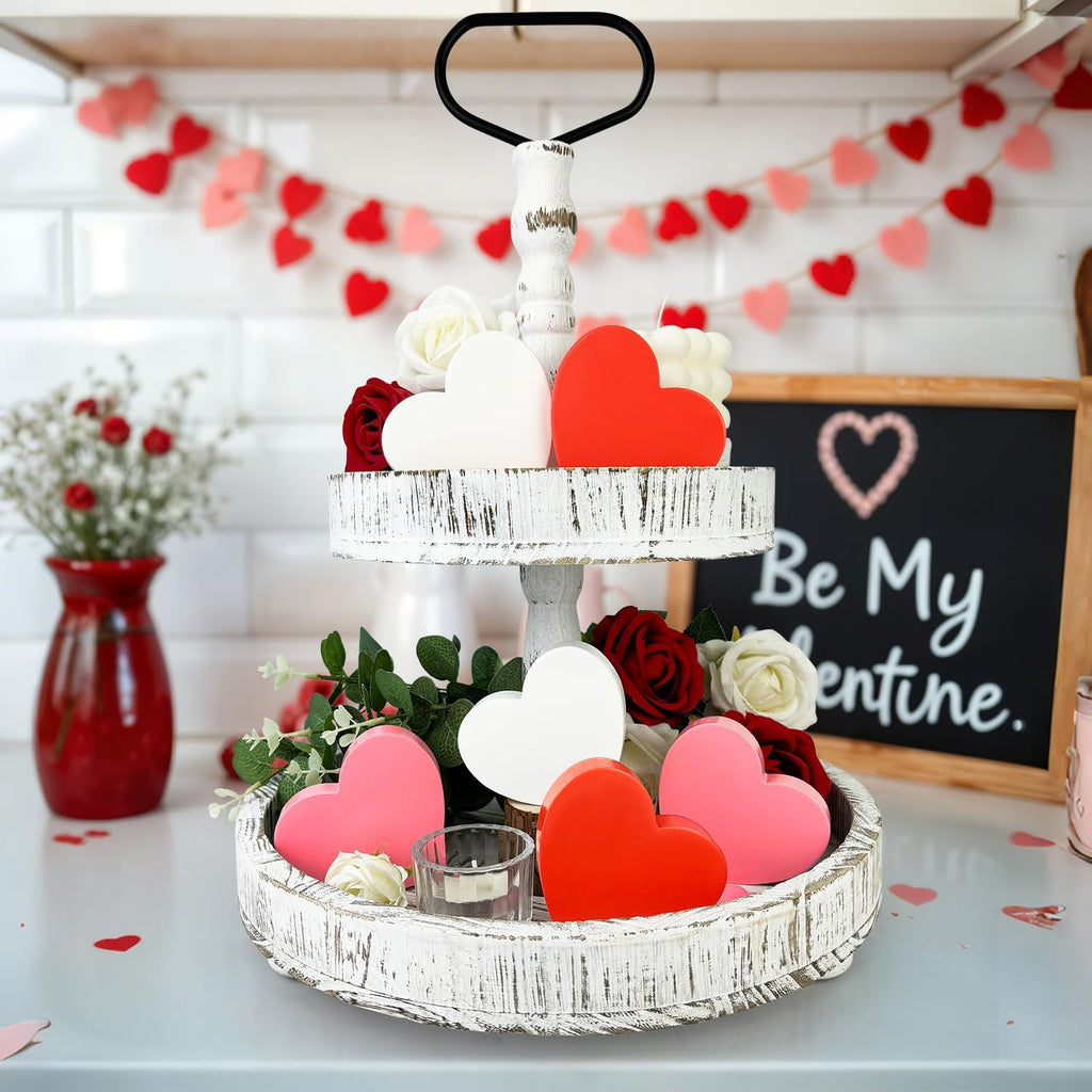 Valentines Day Hearts Decorations for the Home Table , Red Pink White Wooden Heart Shaped Signs for Tiered Tray - Set of 6