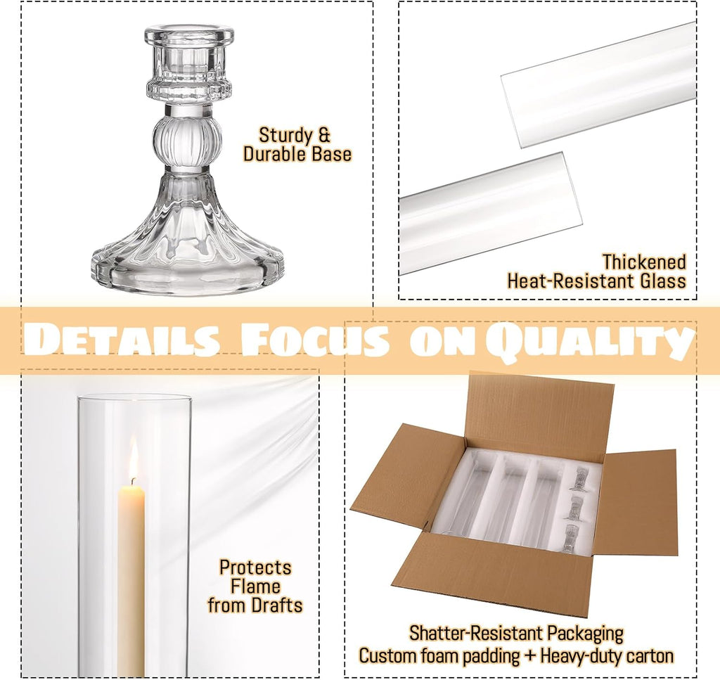 6 Set Hurricane Glass Candle Holders for Taper Candles, Vertical Striped Candlestick Holders with Windproof Glass