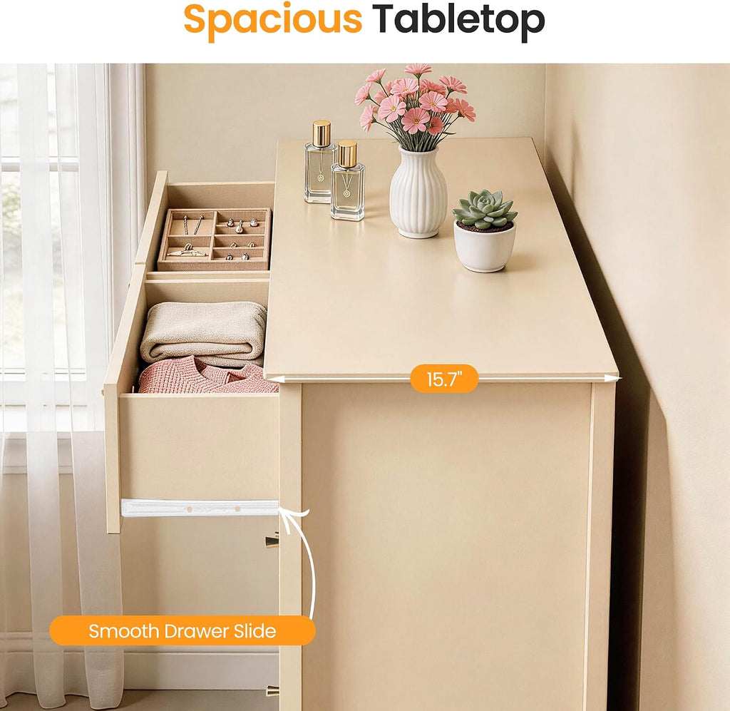 Beige 6 Drawer Dresser, Fluted Modern Wood Chest of Drawers, Long Dresser TV Stand Storage Cabinet