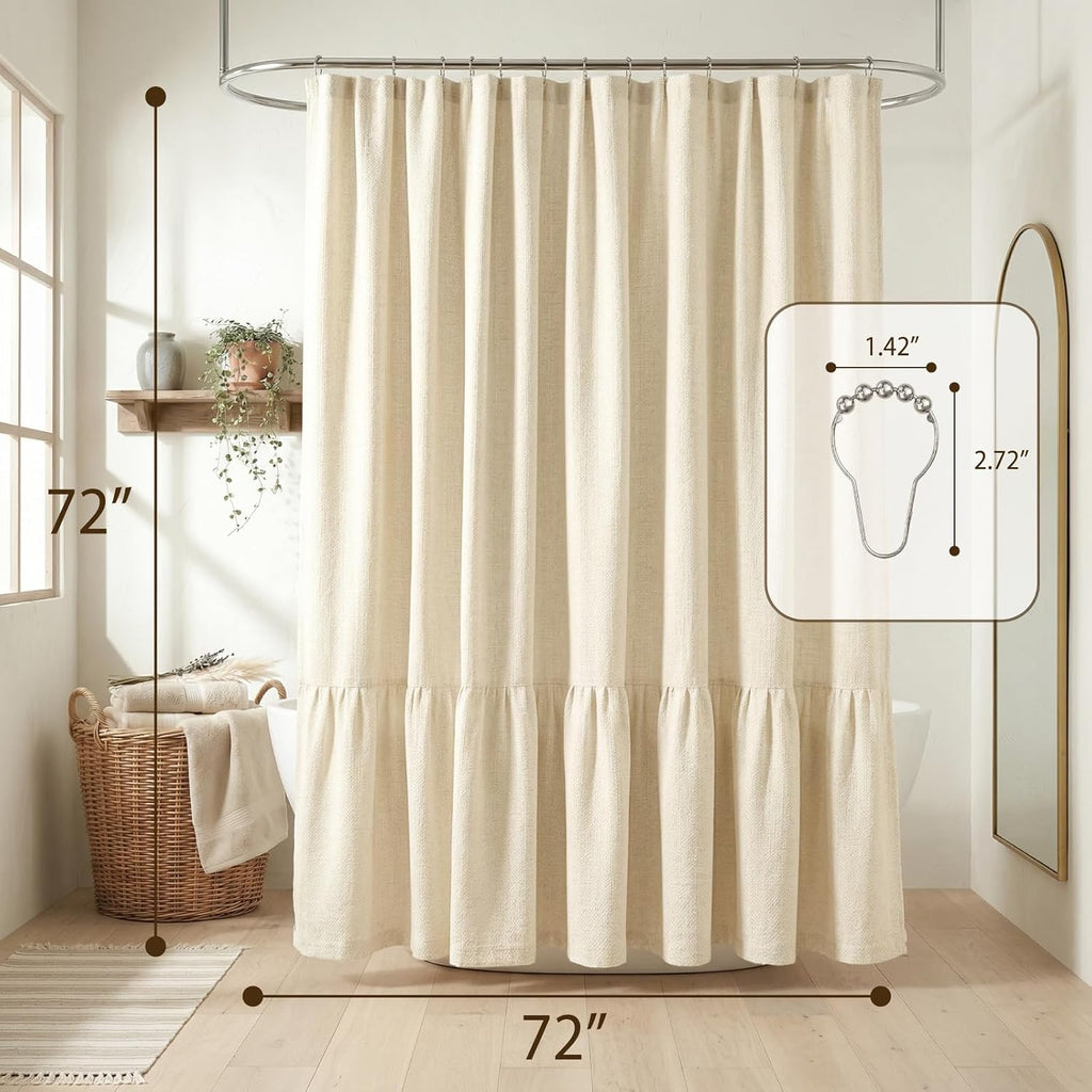 Linen Shower Curtains - Farmhouse & Bohemian Shower Curtains, Neutral Textured 1:2 Ruffled Shower Curtain, Spa-Like