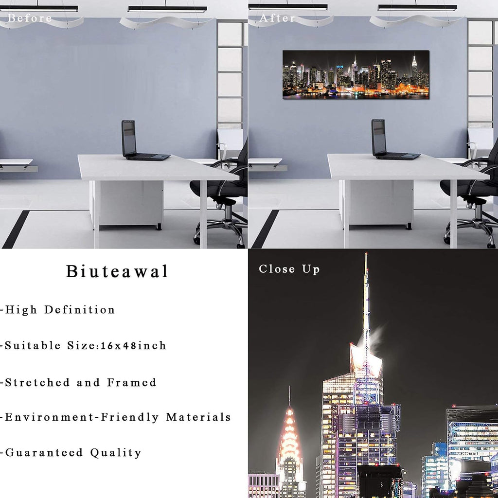 New York City Canvas Wall Art Manhattan Skyline at Night Picture Prints Framed NYC Skyline Landscape Artwork Modern