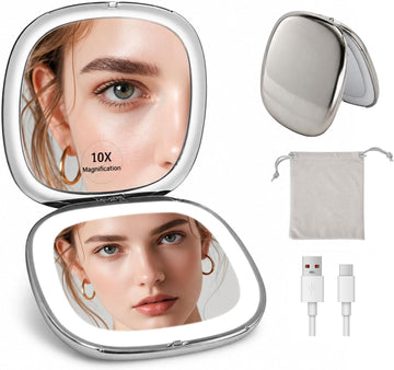 1X 10X Magnifying Compact Makeup Mirror, 3 Color Dimmable LED Lighted Travel Mirror, Double Sided 4"