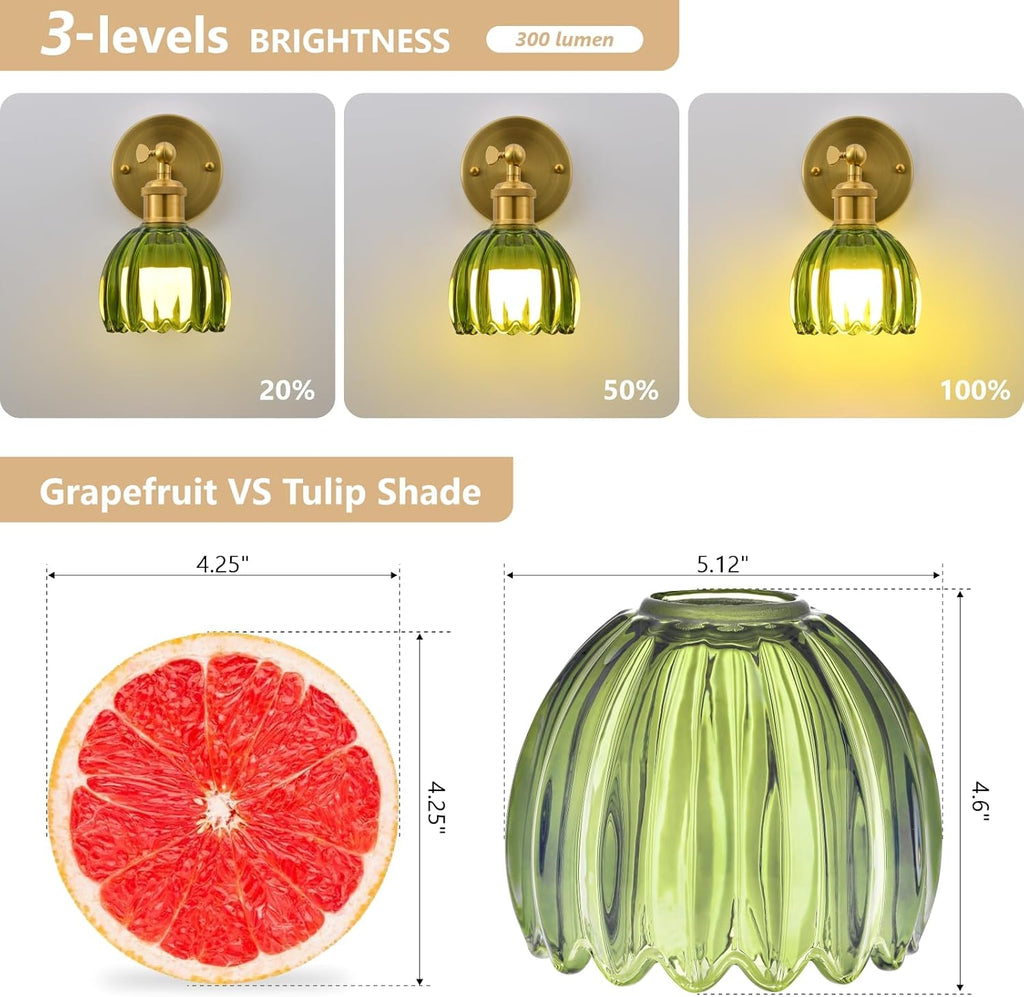 Vintage Battery Operated Wall Sconce, Green Tulip Glass Lampshade Wireless Rechargeable Battery Powered LED Wall