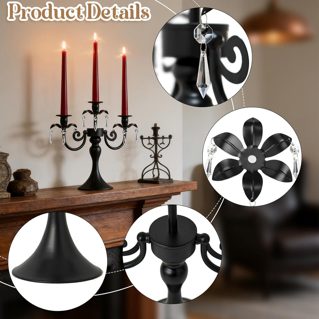 Metal 3 Arm Candelabra with Crystal Pendants - 11.8 Inch Tall Candle Holders, Set of 2 - Elegant Taper Candlestick