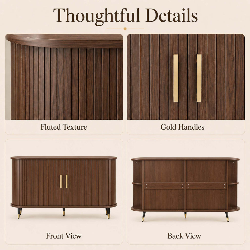 55" Sideboard Cabinet, Fluted Credenzas, Walnut