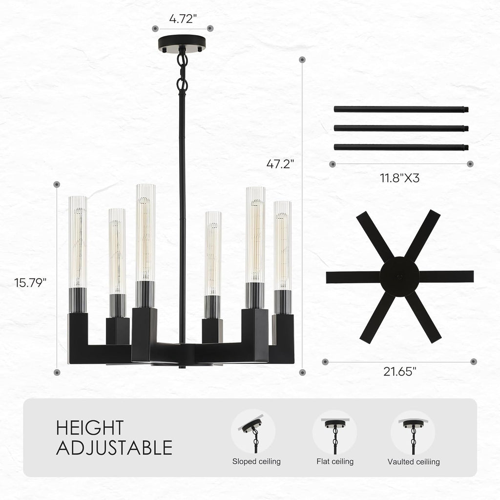 Inspired Cannele Style Matte Black Chandelier with Striped Glass Shades, 6-Lights Adjustable Modern Pendant Light Fixtures for Dining Room,Kitchen Pendant Lighting Over Island, E26 Base (Included Bulbs)