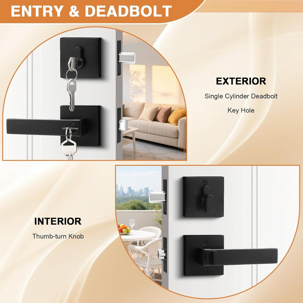 Flat Black Entry Levers Lock Sets and Single Cylinder Deadbolts Keyed Alike Combination Set - Door Lever