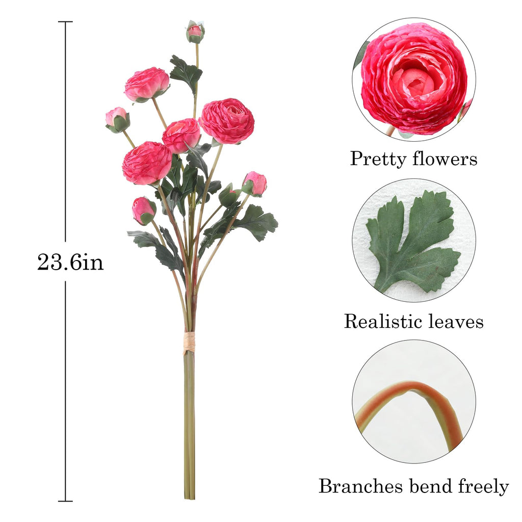 6 Pcs Pink Ranunculus Artificial Flowers, 23.6 in Long Stems