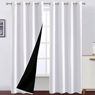 100% Blackout Curtains 52 x 84 Inches Long Thermal Insulated White Curtains with Black Liner Set of 2 Panels Room