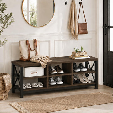Industrial Shoe Bench with Storage, Rustic Entryway Bench