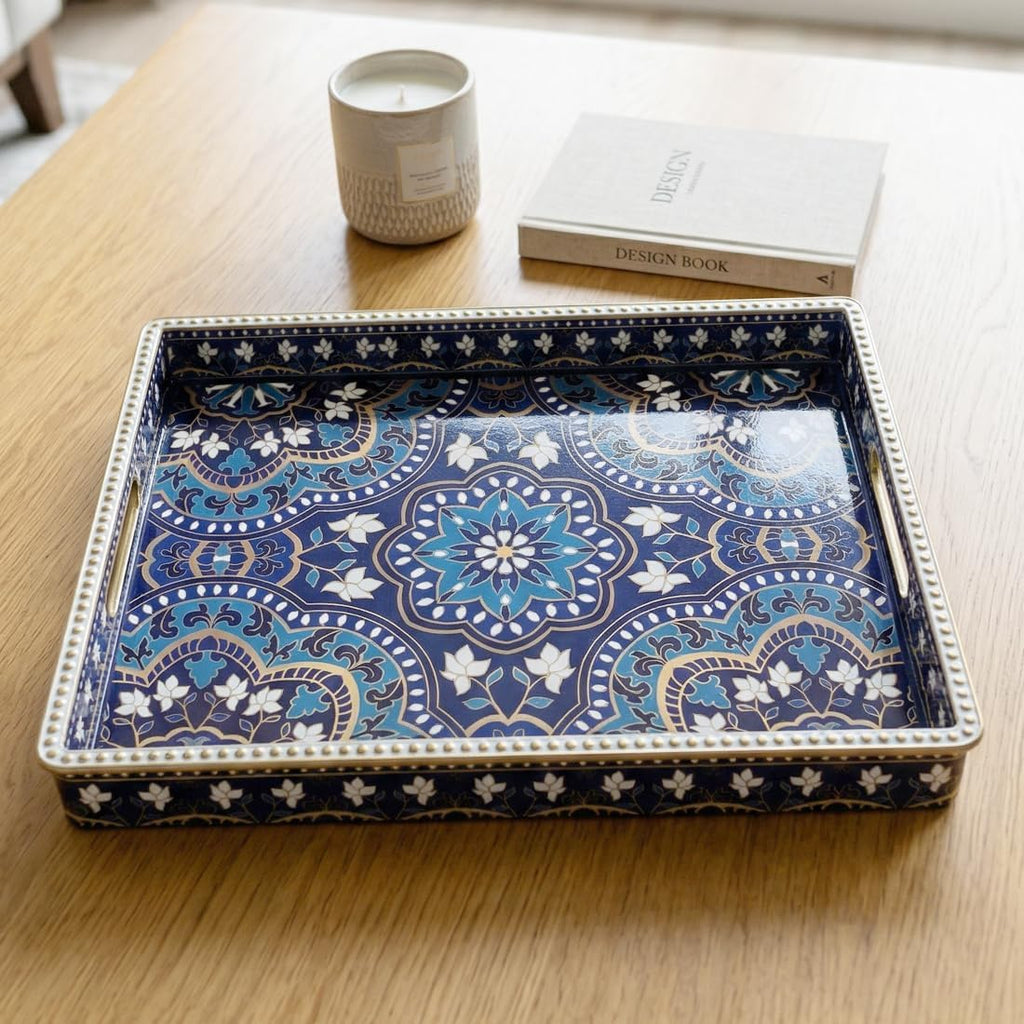 Boho Serving Tray with Handles, Large Rectangular Decorative Ottoman Tray with Gold Beaded Rim, Blue Floral Mandala