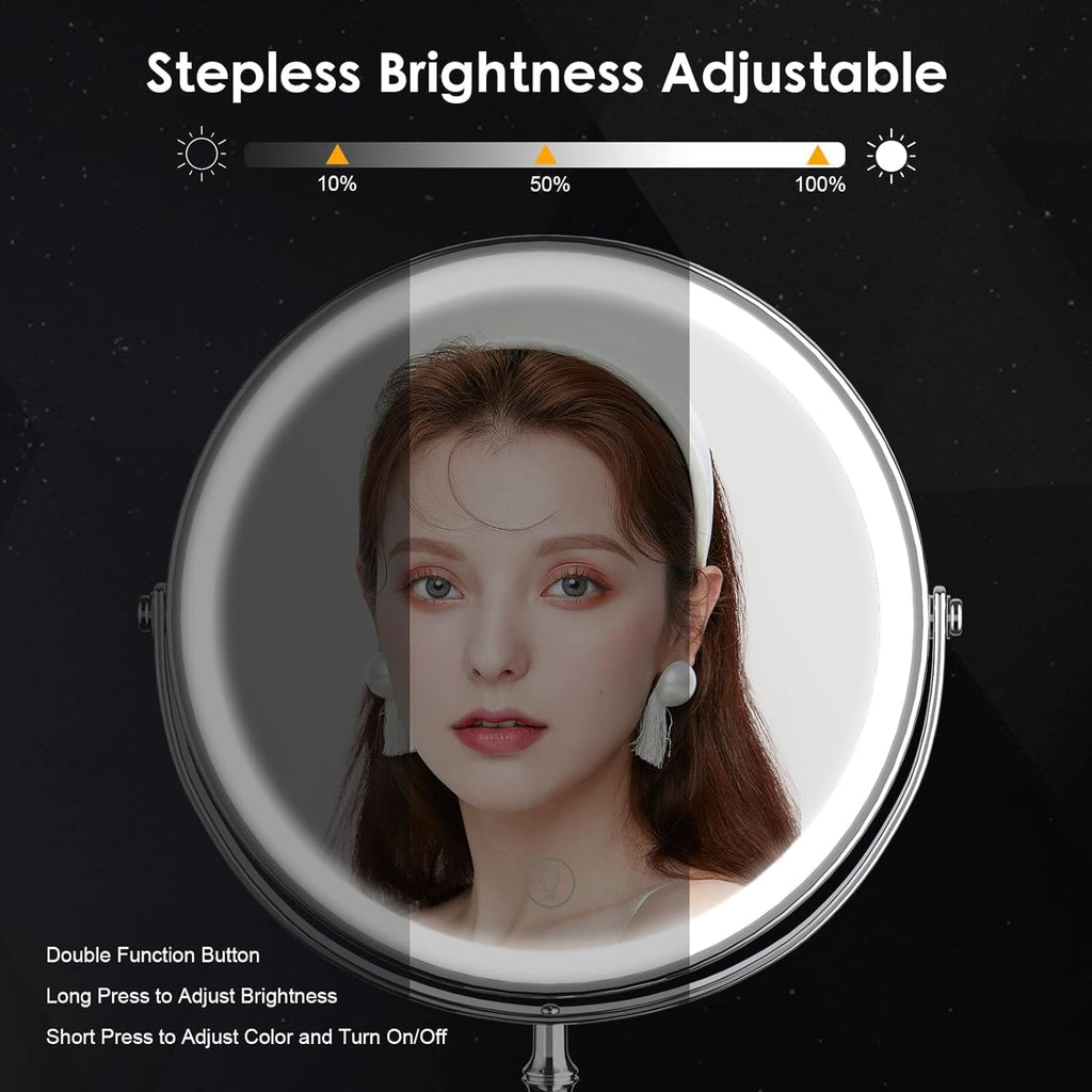 Makeup Mirror, 3000mAh Rechargeable Double-Sided Magnifying Vanity Mirror with 3 Colors, 1X/10X, Adjustable Brightness
