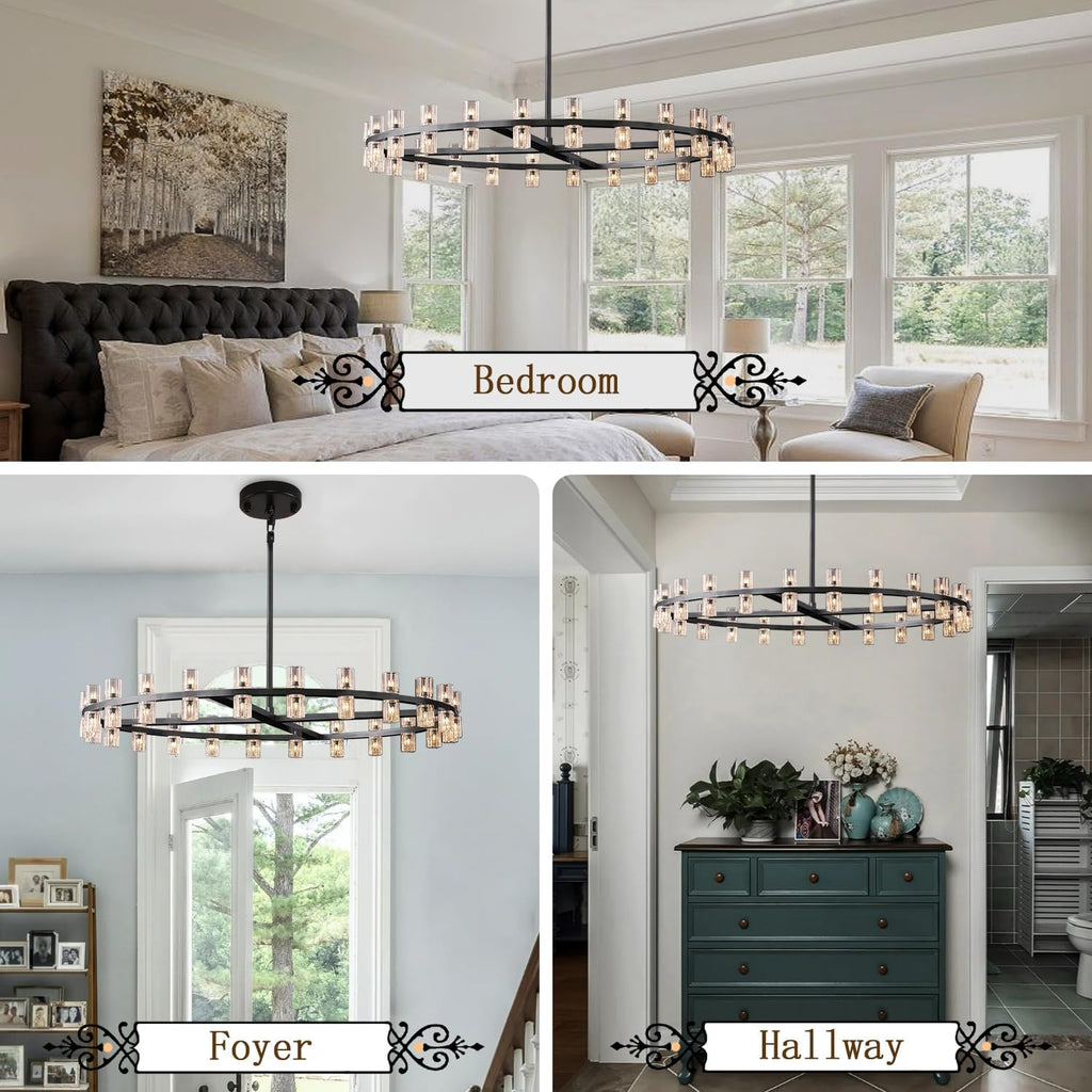 Inspired Arcachon Style Round Wagon Wheel Chandelier, 40" 40-Light Black, Crystal Shades — Foyer, Dining & Living Room