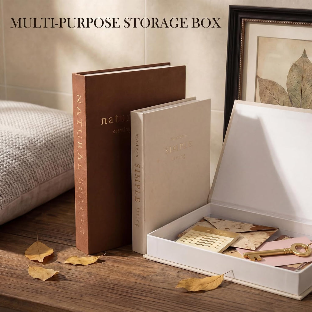 Elegant Decorative Books Set of 2, Linen Covered Decor Books with Gold Lettering & Magnetic Clasps for Storage.