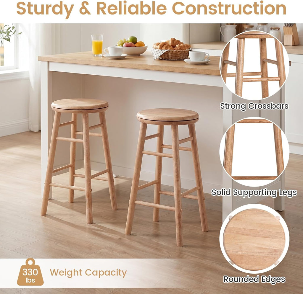 Wooden Swivel Round Bar Stools Set of 2, 24-inch Height Backless Counter Chairs with Footrest, 330Lbs Sturdy