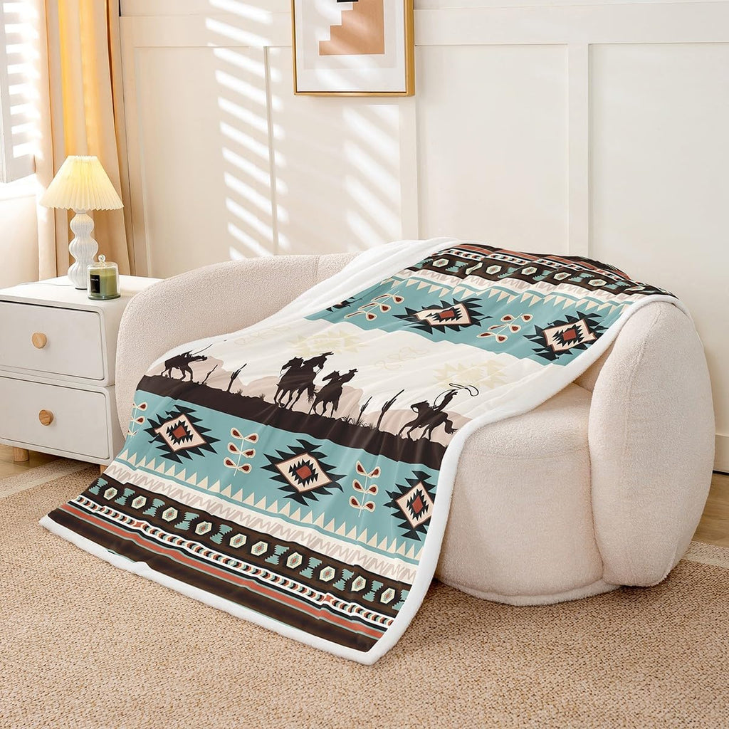 Western Cowboys Plush Throw Blanket,Boho Aztec Ethnic Flannel Fleece Blanket for Boys Girls Teens All Season,Bohemia