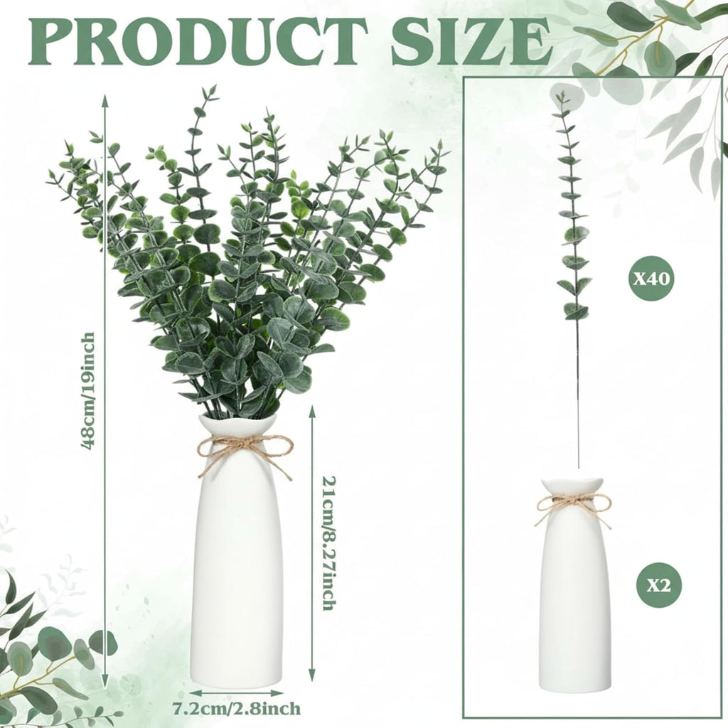 2 Pack Artificial Eucalyptus Stem in White Ceramic Vase 19" Fake Greenery Plants Decor 40 Pcs Modern Indoor Fake