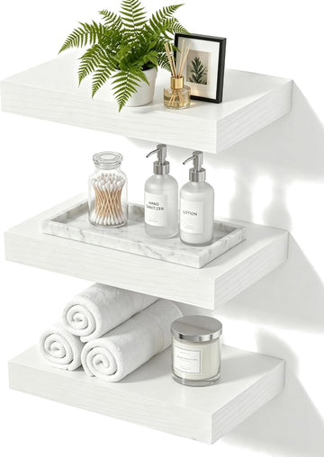 Floating Shelves, White Wooden Set of 3, 12" x 7" x 1.5" | Bathroom Shelves Over Toilet, Wall Mounted Hanging Shelves