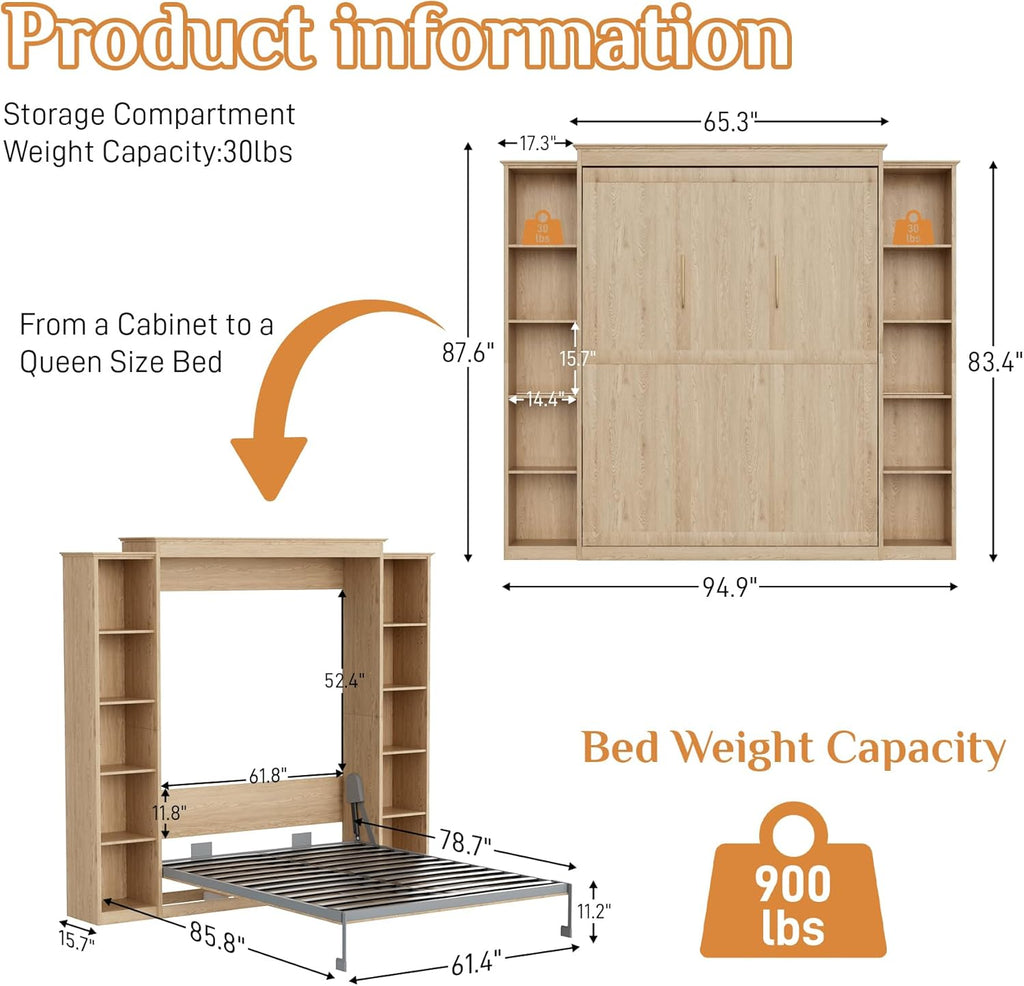 Queen Murphy Bed with 2 Storage Cabinet, Farmhouse Wood Hidden Foldable Wall Bed Frame, Space Saving Beds with