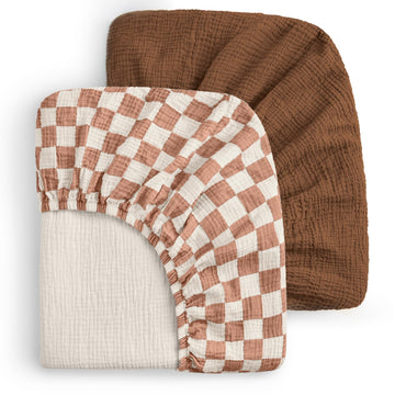 Muslin Mini Crib Sheets, 2 Pack, Brown Checkboard & Brown