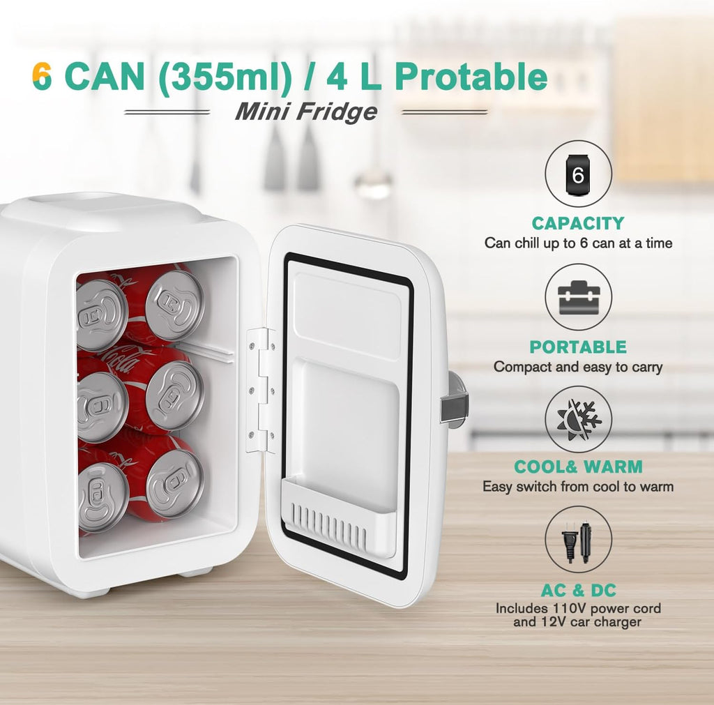 Mini Fridge, 4 Liter/6 Can Portable Cooler and Warmer Personal Refrigerator for Skin Care, Cosmetics, Beverage